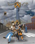  5boys aircraft alyx_vance barney_calhoun citadel cloud darth_biomech dog eli_vance g_man gordon_freeman half-life half-life_2 helicopter highres isaac_kleiner multiple_boys parody self_upload strider weapon 