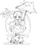  1girl animal_themed_umbrella blazblue cat chibi frills fuyumura_asuki gii girl_on_top gothic_lolita greyscale lolita_fashion long_hair monochrome nago rachel_alucard ragna_the_bloodedge short_hair sketch twintails umbrella 