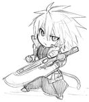  blazblue chibi fuyumura_asuki greyscale left-handed male_focus monochrome ragna_the_bloodedge sketch solo sword weapon white_background 