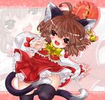  ahoge animal_ears bell brown_hair cat_ears cat_tail chen earrings fangs hat highres jewelry jingle_bell multiple_tails red_eyes short_hair solo tail thighhighs tm touhou 