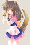  airmi animal_ears bad_id bad_pixiv_id brown_eyes brown_hair clannad dog_ears dog_tail food hamburger ibuki_fuuko long_hair solo tail thighhighs waitress zettai_ryouiki 