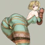  1girl ass bent_over blonde_hair breasts final_fantasy final_fantasy_tactics from_behind gloves huge_breasts looking_back monk_(fft) short_hair simple_background solo 