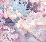  bad_id bad_pixiv_id barefoot blue_hair breasts copyright_request dress flower kai_(linking) large_breasts see-through solo strapless strapless_dress water wet 
