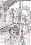  bridge city copyright_request greyscale maguon monochrome multiple_girls scenery 