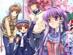  3girls :d antenna_hair apron argyle brown_eyes brown_hair cherry_blossoms clannad denim diploma dress fujibayashi_kyou furukawa_akio furukawa_sanae graduation hair_ribbon jeans kindergarten_teacher multiple_girls mutsuki_(moonknives) okazaki_ushio open_mouth pants petals purple_eyes purple_hair ribbon sailor_dress school_uniform short_hair smile sweater waving 