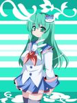  alternate_costume green_eyes green_hair hair_ornament highres kochiya_sanae long_hair oborotsuki_kakeru school_uniform serafuku solo thighhighs touhou zettai_ryouiki 