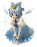  animal animal_on_head bandaid bandaid_on_knee blush cirno frog on_head simple_background sitting solo tears touhou translated white_background yuki_(popopo) 