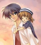  1girl blue_eyes blue_hair brown_hair carrying child clannad closed_eyes father_and_daughter hat okazaki_tomoya okazaki_ushio paco piggyback short_hair 