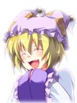  blonde_hair blush closed_eyes hands_in_opposite_sleeves hat long_sleeves onemu open_mouth pillow_hat short_hair smile solo tassel touhou white_background wide_sleeves yakumo_ran 