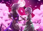  apron bad_id bad_pixiv_id bob_cut bow bowtie braid cherry_blossoms dual_wielding eye_contact full_moon hair_bow hairband holding izayoi_sakuya katana knife konpaku_youmu looking_at_another maid maid_headdress moon multiple_girls petals purple_eyes red_sky serious short_hair silver_hair sky sobyoukyou sword touhou twin_braids weapon 