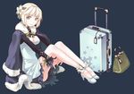  blonde_hair copyright_request dress flower fur_coat green_eyes h2so4 high_heels luggage ribbon shoes short_hair solo 