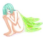  aqua_hair bad_id bad_pixiv_id barefoot eureka eureka_seven eureka_seven_(series) feet kitayama leg_hug nude pink_eyes short_hair solo wings 