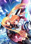  belt blonde_hair blush brown_hair cape fate_testarossa feathers fingerless_gloves gloves hair_ribbon holding_hands long_hair lyrical_nanoha mahou_shoujo_lyrical_nanoha multiple_girls purple_eyes red_eyes ribbon short_twintails skirt takamachi_nanoha thighhighs twintails xephonia zettai_ryouiki 