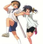  1girl baseball_bat baseball_helmet bike_shorts blonde_hair blue_eyes blue_hair brother_and_sister clannad gym_uniform helmet jpeg_artifacts official_art pushing running short_hair siblings sunohara_mei sunohara_youhei twintails 