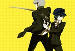  1girl artist_request blue_eyes blue_hair glasses grey_hair gun hat narukami_yuu persona persona_4 school_uniform shirogane_naoto sword weapon yasogami_school_uniform 