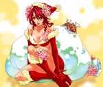  bikini_top boots breasts brown_eyes christmas cleavage flower hat kirijou_mitsuru kotobuki_toro large_breasts persona persona_3 red_hair reindeer sack santa_costume santa_hat sitting solo stuffed_animal stuffed_reindeer stuffed_toy 