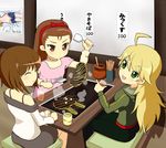  ahoge blonde_hair brown_eyes brown_hair closed_eyes cooking eating food green_eyes griddle hagiwara_yukiho hairband hoshii_miki idolmaster idolmaster_(classic) idolmaster_1 long_hair minase_iori multiple_girls okonomiyaki short_hair solar_kaichuudentou 