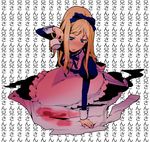  apron axis_powers_hetalia bad_id bad_pixiv_id belarus_(hetalia) blonde_hair bow cup dress dress_shirt hair_bow long_hair numeri ribbon shirt solo stain teacup 