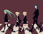  3girls abbey_road aqua_hair bad_id bad_pixiv_id black_eyes blonde_hair blue_hair crosswalk formal furekuru_(freckle) hair_ornament hairclip hatsune_miku kagamine_len kagamine_rin kaito long_hair multiple_girls necktie parody ponytail ribbon short_hair shorts siblings skirt skirt_suit suit the_beatles thighhighs twins twintails very_long_hair vocaloid zettai_ryouiki 