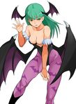  animal_print bat_print bat_wings breasts cleavage demon_girl elbow_gloves gloves green_eyes green_hair head_wings highres long_hair medium_breasts morrigan_aensland pantyhose print_legwear purple_wings solo succubus tarayama vampire_(game) wings 