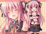  aqua_eyes bad_id bad_pixiv_id child closed_eyes cresc-dol hair_ribbon hairband long_hair megurine_luka midriff navel open_mouth pink_hair ribbon smile stuffed_animal stuffed_bunny stuffed_toy thighhighs vocaloid younger 