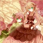 animal_ears aruya_(flosrota) blonde_hair bow box chocolate copyright_request dress green_eyes green_nails hair_bow heart lace long_hair multiple_girls nail_polish non-web_source pink_nails red_hair ribbon staring swirl twintails 