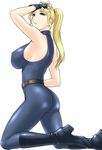  armpits ass belt blonde_hair bodysuit boots breasts covered_nipples fingerless_gloves gloves high_heels huge_breasts kneeling latex long_hair ponytail sarah_bryant shoes skin_tight solo st.germain-sal virtua_fighter virtua_fighter_5 