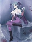  animal_print bare_shoulders bat_print bat_wings blood breasts cleavage demon_girl elbow_gloves gloves green_eyes green_hair head_wings huge_breasts long_hair morrigan_aensland pantyhose print_legwear purple_wings sitting solo succubus tonbidou vampire_(game) wings 