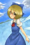  blonde_hair cirno cirno_(cosplay) cosplay face harusame_(unmei_no_ikasumi) lake lunasa_prismriver ribbon short_hair solo touhou wings 