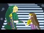  1girl blonde_hair blue_eyes couple dress hetero holding_hands link lowres pointy_ears princess_zelda syouka_clover the_legend_of_zelda 