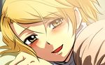  blonde_hair blush kurogane_no_linebarrel lying male_focus otoko_no_ko short_hair solo torikawa_massive yamashita_satoru yellow_eyes 