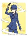  androgynous blue_eyes blue_hair cabbie_hat gun handgun hat persona persona_4 reverse_trap revolver school_uniform shirogane_naoto short_hair solo umechiui weapon yasogami_school_uniform 