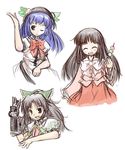  black_hair blush closed_eyes dango food hinanawi_tenshi houraisan_kaguya kanoe_soushi long_hair multiple_girls one_eye_closed open_mouth power_glove purple_hair reiuji_utsuho sanshoku_dango sketch skewer touhou wagashi white_background 