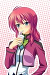  athrun1120 bad_id bad_pixiv_id blush celestial_being_uniform cup drinking drinking_straw feldt_grace green_eyes gundam gundam_00 jacket pink_hair solo 