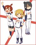  3girls :&lt; bad_id bad_pixiv_id barefoot baseball baseball_uniform bike_shorts black_eyes black_hair blonde_hair child clothes_writing hair_bobbles hair_bun hair_ornament hair_ribbon japan marui_futaba marui_hitoha marui_mitsuba mitsudomoe multiple_girls ponytail ribbon sanjou_(weekly10) shaded_face short_twintails shorts socks sportswear stirrup_legwear toeless_legwear twintails world_baseball_classic yellow_eyes 