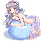  ball barefoot bikini blue_sarong blush breasts cleavage dithering exercise_ball grey_hair idolmaster idolmaster_(classic) idolmaster_1 long_hair looking_at_viewer maru_(sara_duke) medium_breasts oekaki open_mouth print_sarong red_eyes sarong see-through shijou_takane solo sweatdrop swimsuit translucent_sarong 