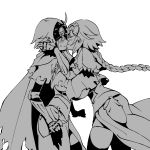  2girls ahoge armor armored_dress bangs blush braid breasts cape closed_eyes dual_persona embarrassed eyebrows_visible_through_hair face-to-face fate/grand_order fate_(series) gauntlets gloves greyscale hair_between_eyes hands_on_another&#039;s_face headpiece highres imminent_kiss jeanne_d&#039;arc_(alter)_(fate) jeanne_d&#039;arc_(fate)_(all) large_breasts long_hair monochrome multiple_girls poriuretan selfcest short_hair simple_background thighhighs torn_cape torn_clothes very_long_hair white_background yuri 