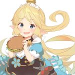  1girl :d blue_dress blue_eyes charlotta_fenia commentary_request dress eyebrows_visible_through_hair flipped_hair food frilled_dress frills granblue_fantasy hamburger harvin long_hair looking_at_viewer maid_headdress o_(rakkasei) open_mouth pointy_ears puffy_short_sleeves puffy_sleeves short_sleeves simple_background smile solo very_long_hair white_background 