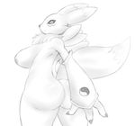 areola big_breasts big_butt black_and_white breasts butt canine digimon erect_nipples facial_markings female fox huge_breasts looking_at_viewer looking_back mammal markings matospectoru monochrome nipples nude plain_background renamon solo standing white_background 