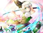  aqua_eyes bob_cut dress fighting_stance green_dress holding holding_sword holding_weapon katana konpaku_youmu nagare puffy_short_sleeves puffy_sleeves shirt short_hair short_sleeves silver_hair solo sword touhou upper_body weapon white_shirt 