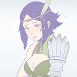  artist_name asymmetrical_clothes bare_shoulders black_hair blush breasts circlet cleavage cleavage_cutout expressionless feathers fire_emblem fire_emblem:_kakusei green_eyes green_shirt hair_feathers koyorin looking_at_viewer medium_breasts noire_(fire_emblem) nose_blush parted_lips pink_lips shirt short_hair shoulder_pads simple_background sleeveless sleeveless_shirt solo sweatdrop tassel watermark web_address white_background 