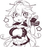  breasts cleavage elbow_gloves fingerless_gloves garter_straps gloves greyscale hair_between_eyes headgear iowa_(kantai_collection) kantai_collection large_breasts long_hair messy_hair monochrome sleeveless solo star star-shaped_pupils symbol-shaped_pupils tsukko_(3ki2ne10) 