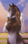  2020 absurd_res afternoon almatea anthro breasts brown_body brown_fur cloud detailed_background digital_media_(artwork) ears_up equid equine female fence fencepost fur grass grass_field hair hi_res horse long_hair mammal nude raised_arm sky solo white_body white_fur 