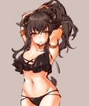  adjusting_hair animal_ears armlet armpits arms_up bangs bikini black_bikini black_hair blush bracelet breasts brown_background brown_eyes commentary conomi-c5 cowboy_shot eyebrows_visible_through_hair frilled_bikini frills groin hair_tie_in_mouth half-closed_eyes hands_in_hair highres horizontal_pupils horns jewelry long_hair looking_at_viewer medium_breasts mouth_hold navel original sheep sheep_ears sheep_horns sheep_tail solo standing swimsuit tail twitter_username 