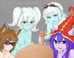  animal_ears blue_eyes blue_skin blush breasts brown_hair cat_ears cleavage genderswap genderswap_(mtf) goggles goggles_on_head green_eyes handjob hat kennen large_breasts league_of_legends long_hair lulu_(league_of_legends) mask multiple_girls multiple_handjob nude open_mouth penis pointy_ears poppy pov purple_hair purple_skin red_eyes scofa short_hair smile sweatdrop tristana two_side_up white_hair witch_hat yordle 