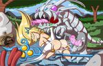  all_fours anal anal_penetration anus blonde_hair breasts carapace clothing cum cum_in_ass cum_inside dahs elf erection female from_behind fucked_silly hair janna kog&#039;maw kog'maw league_of_legends long_hair male monster penetration penis pointy_ears polearm pussy staff straight video_games 