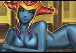  bad_id bad_pixiv_id blue_skin breasts covering covering_breasts helmet league_of_legends looking_at_viewer lying medium_breasts nude purple_hair shyvana smile solo yellow_eyes zakusi 