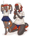  age_difference axolotl barefoot buruma child closed_eyes feet grey_skin gym_uniform happy headband jewelry jon_henry_nam mature monster_girl mother_and_daughter multiple_girls original ring salamander smile wedding_band white_hair 