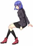  blazer blue_hair boots hair_ornament hairclip jacket kneehighs koremi2 morimoto_kanaru persona persona_trinity_soul pink_eyes school_uniform short_hair skirt socks solo 