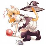  1girl all_fours animal_ears ball blonde_hair bloomers cat_ears cat_tail fang hat hat_removed headwear_removed kemonomimi_mode kirisame_marisa looking_back solo tail tail_hold tdk touhou toy_mouse underwear witch_hat wrist_cuffs yellow_eyes 
